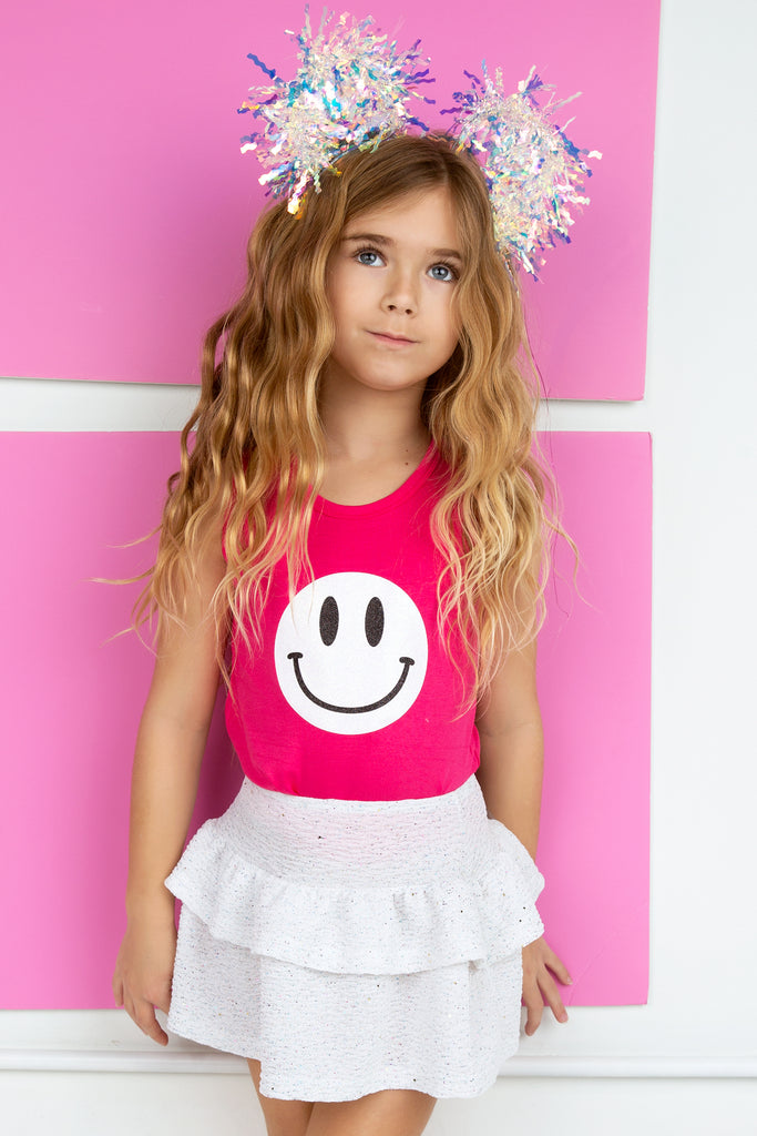 Glitter White Smiley Pink Tank