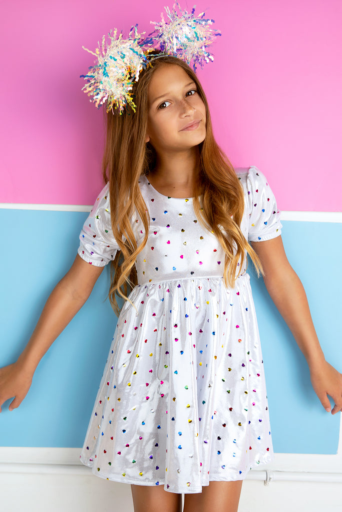 Silver Hearts Bubble Sleeve Dress
