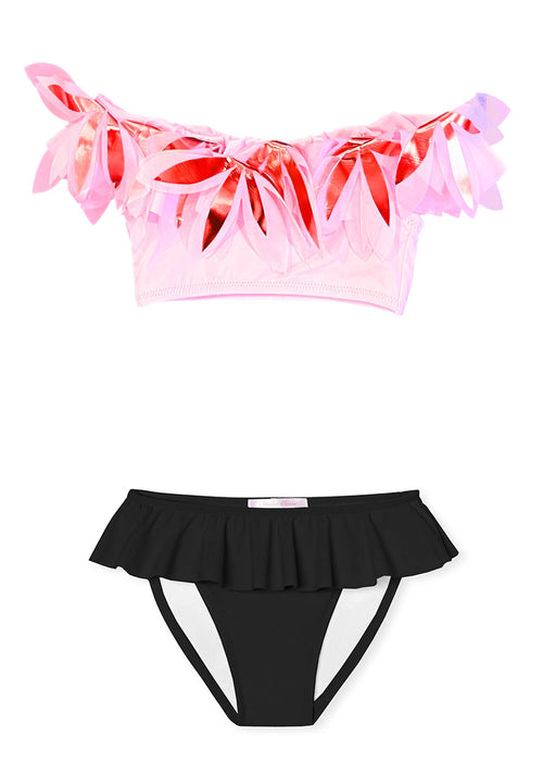 Silver One Shoulder Bikini Light Pink Metallic Petals & Sequin Belt